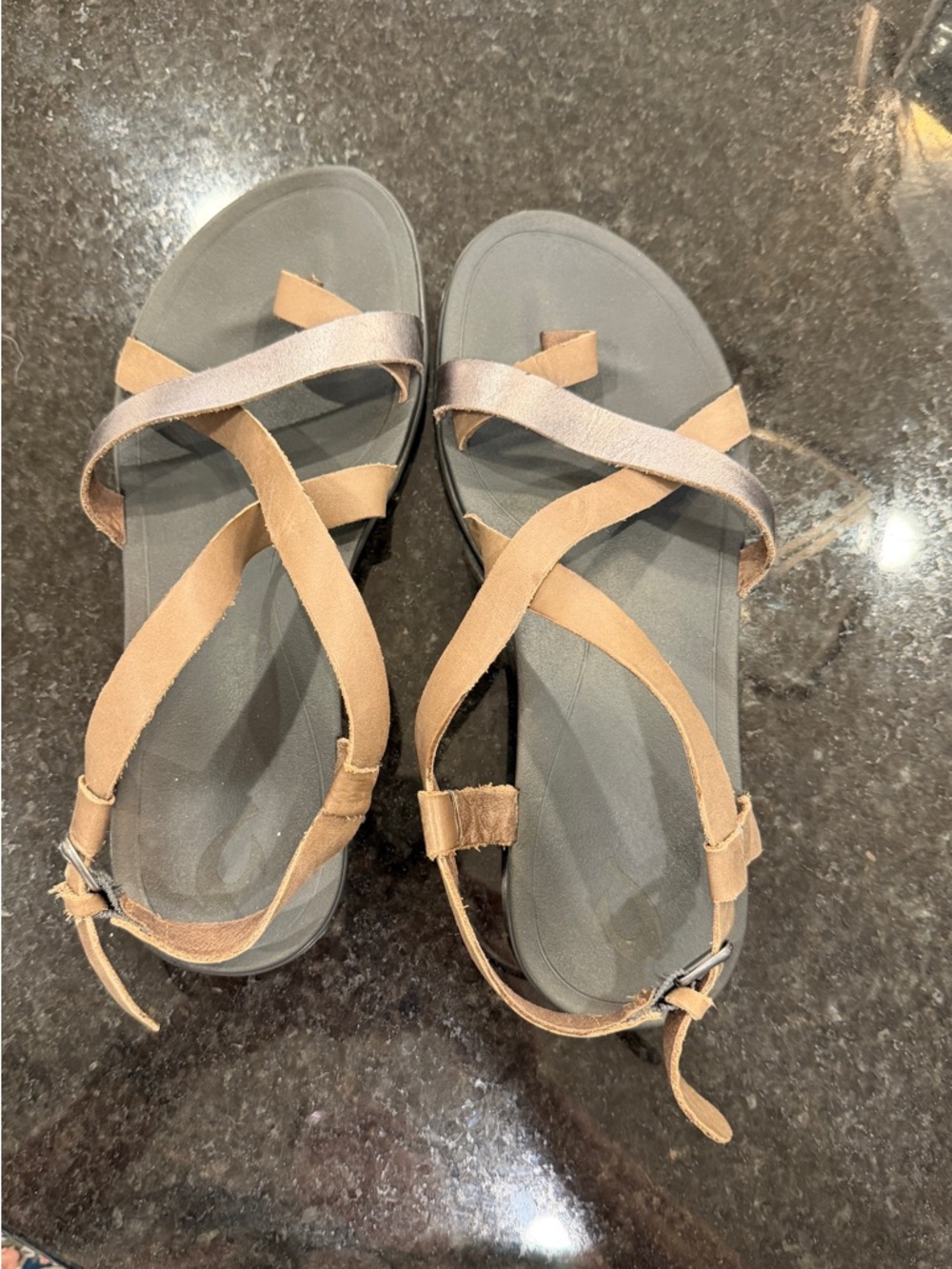 OluKai Women's Tan and Gray Cross-Strap Sandals
